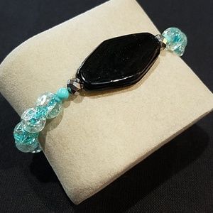 Sky Blue and Black Glass Bead Bracelet